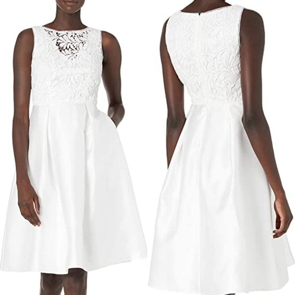 𝅺ADRIANNA Papell Illusion Lace Guipure Mikado Ivory Sequin Tea Length Midi Dress
